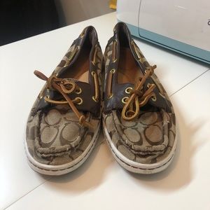 Coach boat shoes! Neutral colors, brown and tan